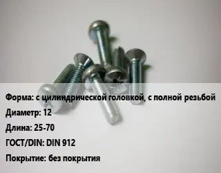 Винт с цилиндрической головкой, с полной резьбой 12х25-70 DIN 912 без покрытия